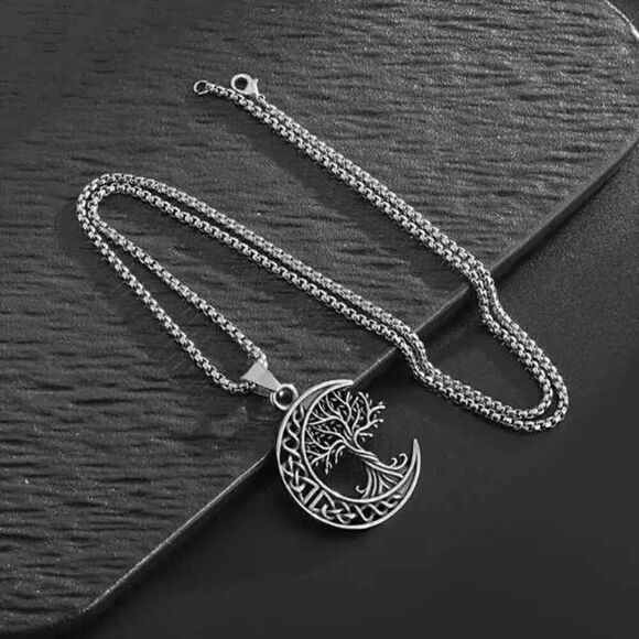 Moon Tree Of Life Unisex Stainless Steel Pendant Necklace - Picture 7 of 8
